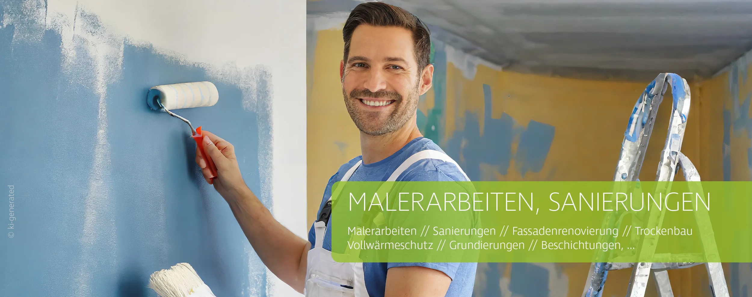 Mann mit Pinsel streicht eine Wand und lächelt in die Kamera